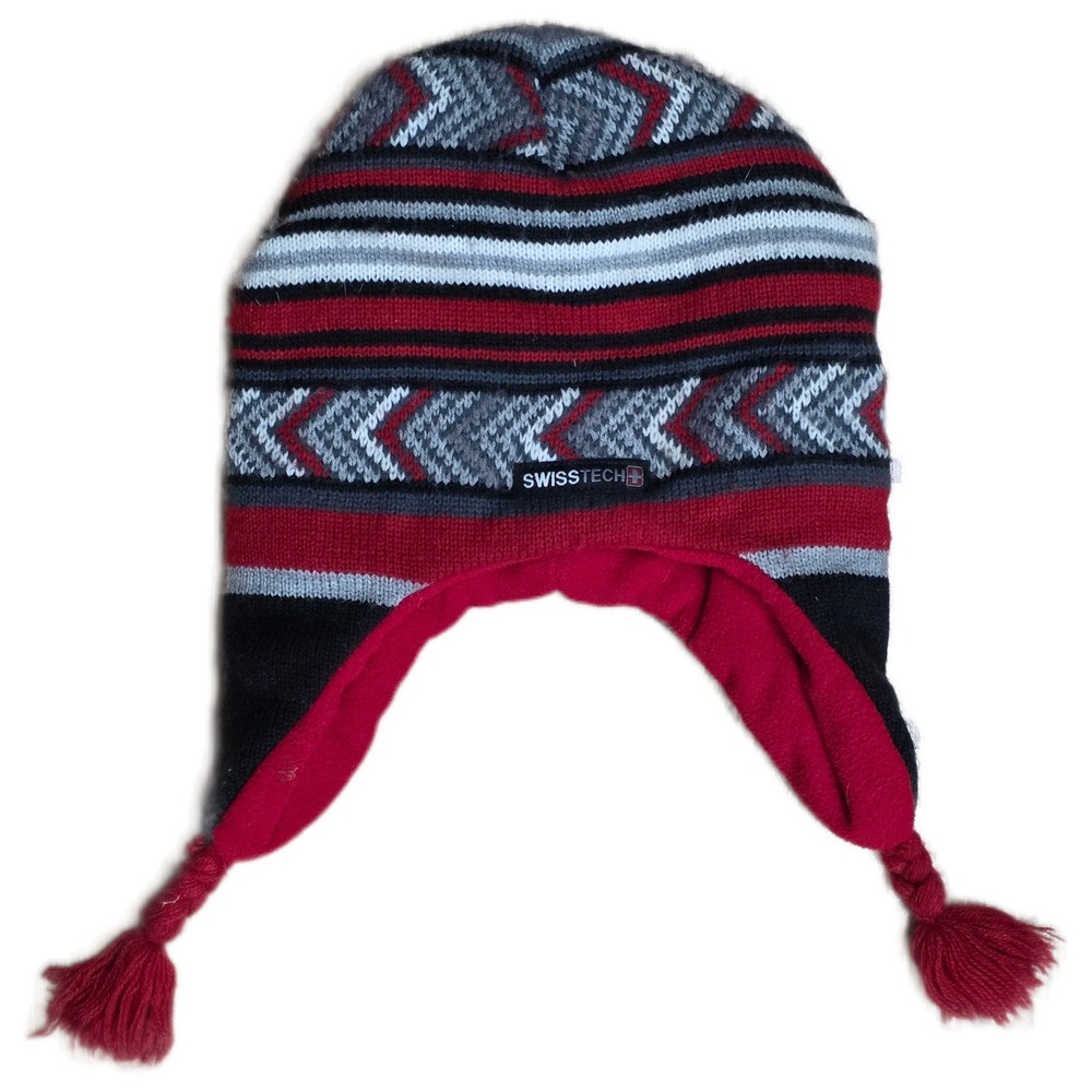 Swiss Tech Red Black Gray Geometric Earflap‎ Hat Tassel Knit Winter Beanie OSFM